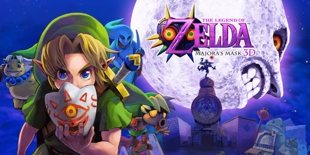 Imagem do jogo the legend of zelda: majora’s mask 3d, com personagens icônicos e uma lua gigante ao fundo, promovendo o universo zelda.