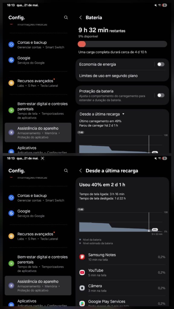 Dados de uso de bateria do galaxy tab s10 fe