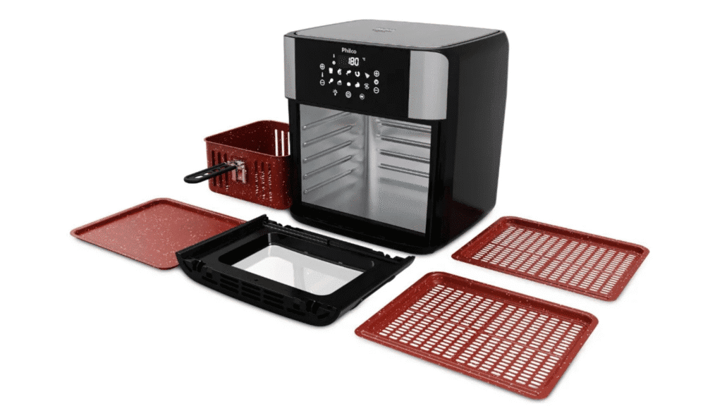 Air fryer philco paf16a 16l: vale a pena investir na fritadeira 4 em 1? Air fryer philco paf16a 16l vista frontal com porta de vidro e painel digital