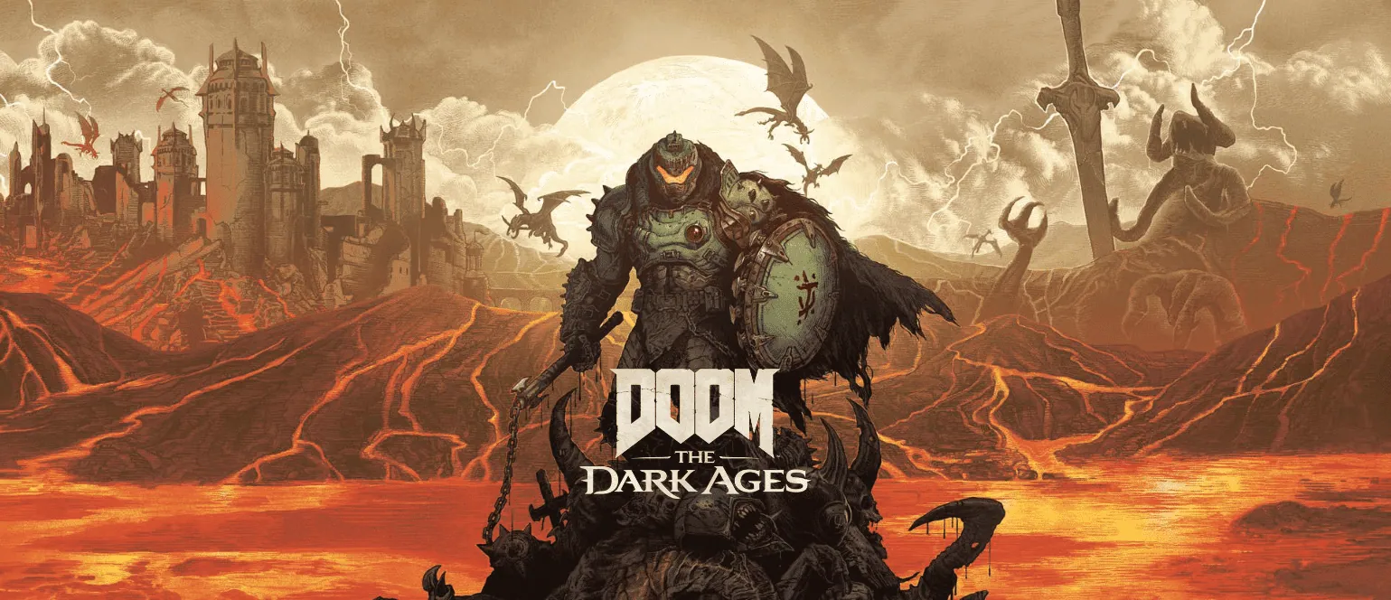 Doom slayer medieval em meio a hordas de demônios em capa de doom the dark ages