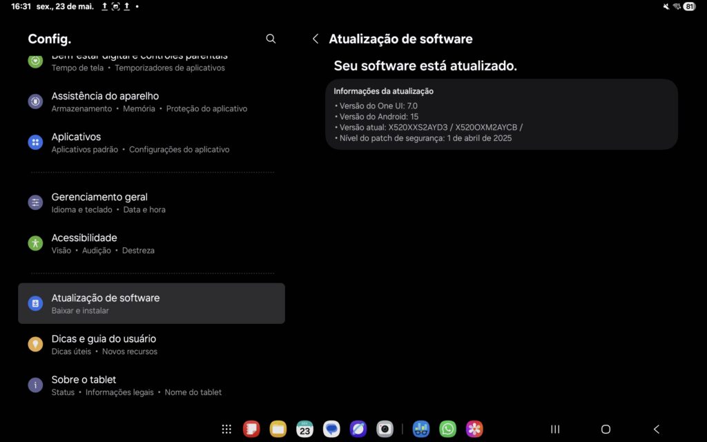 Dados de sistema operacional do galaxy tab s10 fe