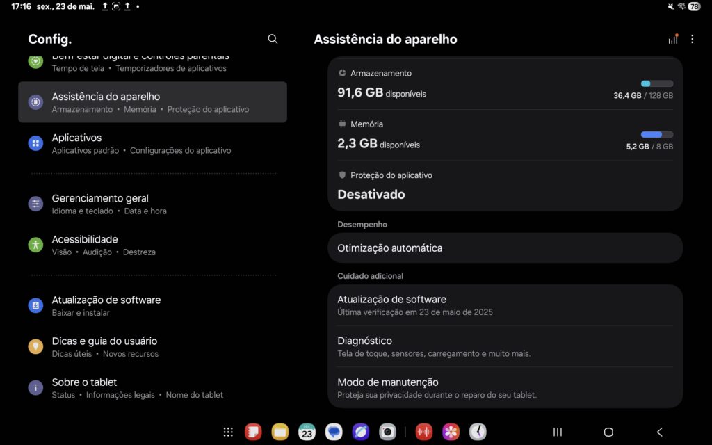 Dados de memória e armazenamento do galaxy tab s10 fe