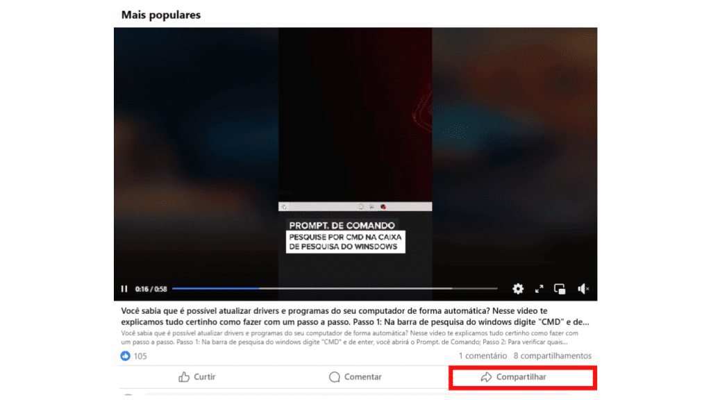 Página inicial do facebook para baixar vídeos