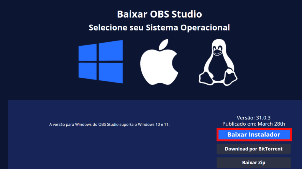 Tela de instalação do obs studio