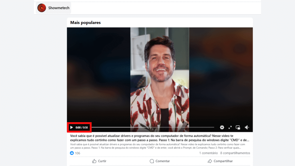 Tela para gravação de tela no facebook
