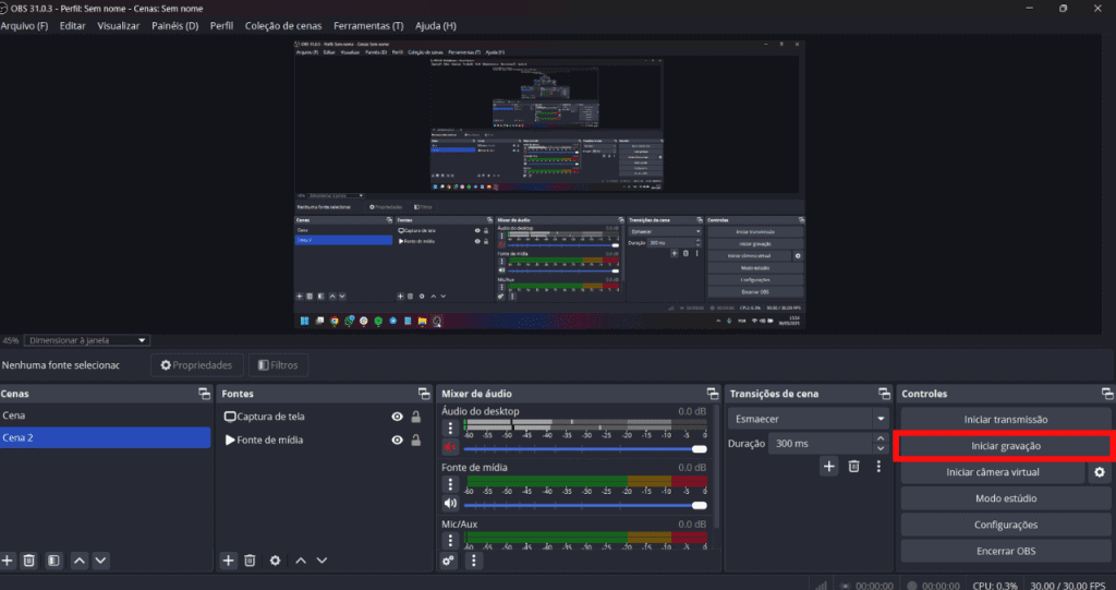 Obs studio para gravação de tela