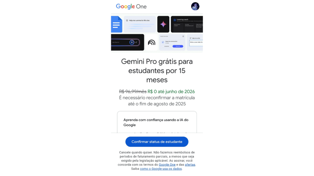 Tela para ativar gemini pro grátis para estudantes