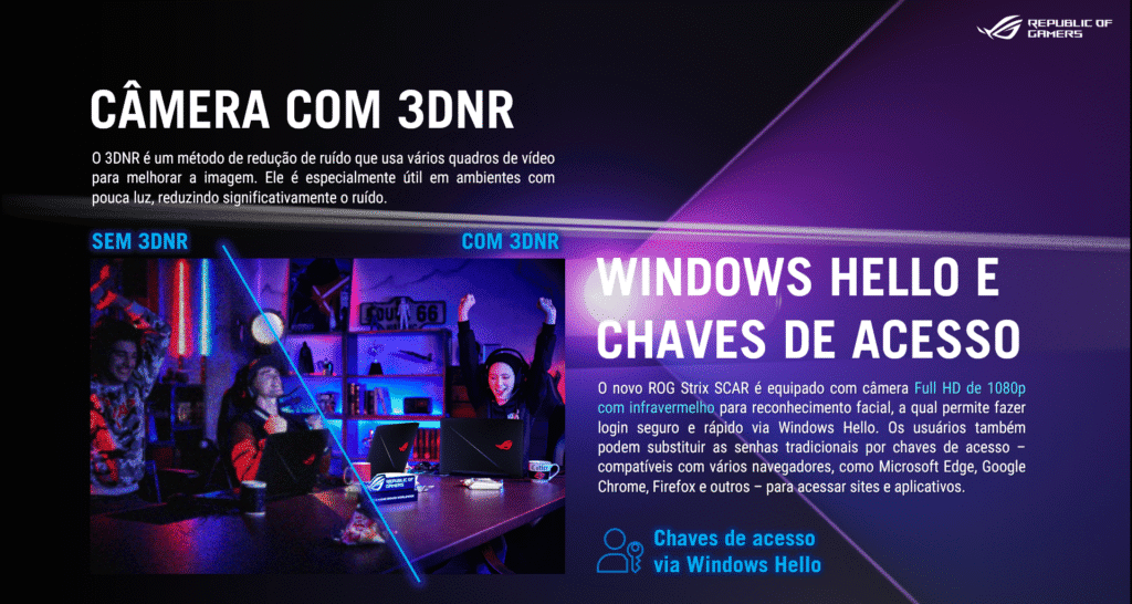 Asus lança notebooks rog strix scar 16 e strix scar 18 com gpus nvidia rtx 50 no brasil Propaganda da webcam dos asus rog strix scar 16 e scar 18