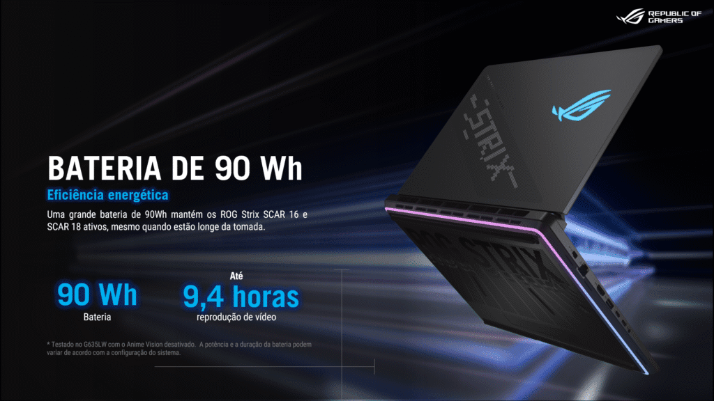 Asus lança notebooks rog strix scar 16 e strix scar 18 com gpus nvidia rtx 50 no brasil Dados de bateria dos novos notebooks gamer da asus