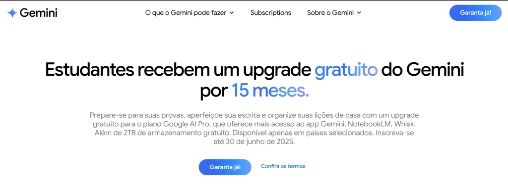 Tela para ativar gemini pro gratuito