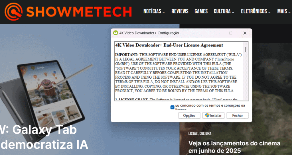 Passo inicial para instalar 4k video downloader+