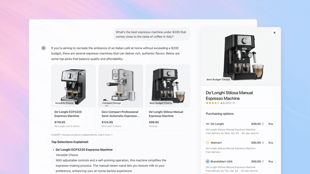 So verwenden Sie die Chatgpt-Suche, um Produkte für Sie zu finden Chatgpt-Suche mit Hinweisen auf Kaffeemaschinen zum Kauf