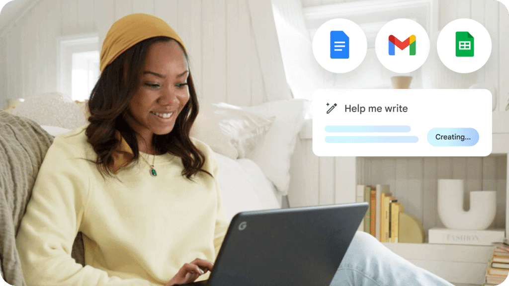 Estudante negra usando serviços do google em um chromebook