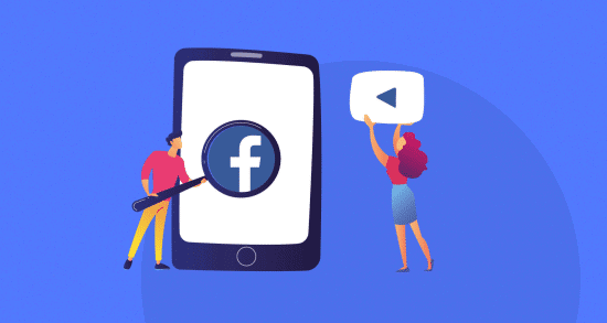 Ampliação do logo do Facebook em smartphone com lupa e pessoa segurando ícone de vídeo no fundo azul.