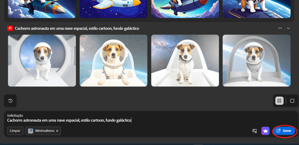Cachorro em traje espacial com capacete, fundo galáctico estilo cartoon, tema de tecnologia e astronomia.