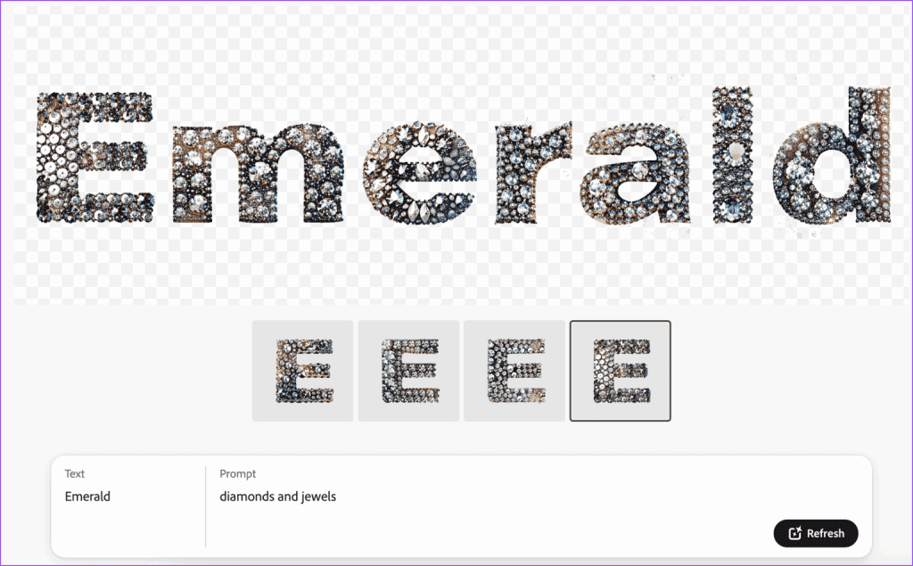 Imagem de texto "emerald" feito com diamantes e joias brilhantes.