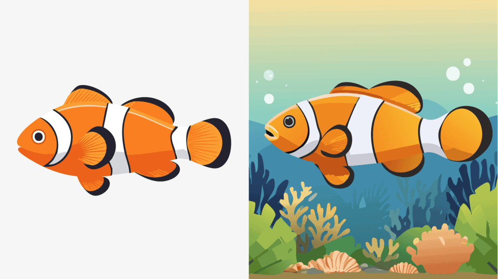Peixe clownfish colorido em ambiente aquático com plantas e corais.