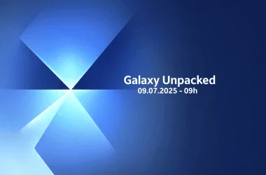 Imagem do evento galaxy unpacked 2025 com dispositivos galaxy z fold7, z flip7 e watch8.