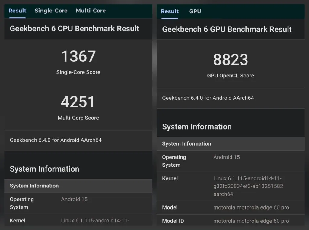 Motorola edge 60 pro traz bateria duradoura e câmera profissional Resultados de benchmark do geekbench 6 para o motorola edge 60 pro