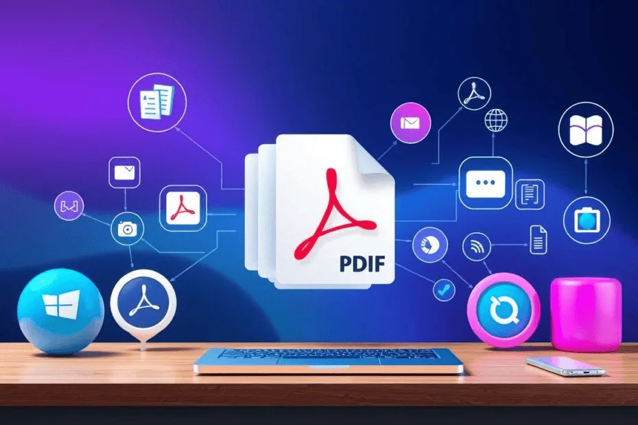 PDF-Dateien mit Symbolen und digitaler Verbindung.