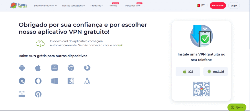 Navegador com ícones de dispositivos, vpn grátis e segurança online em destaque.
