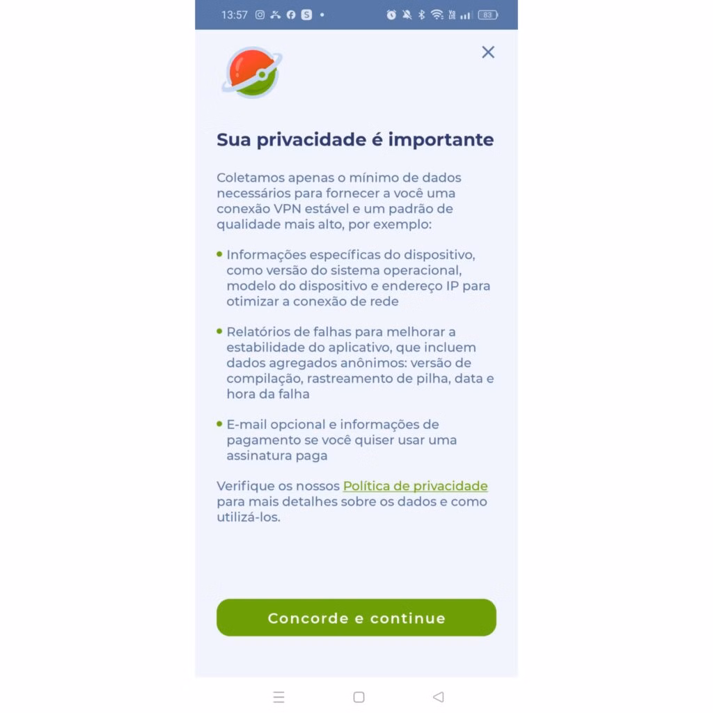 Dados de privacidade em conexão vpn, segurança e personalização do uso do aplicativo.
