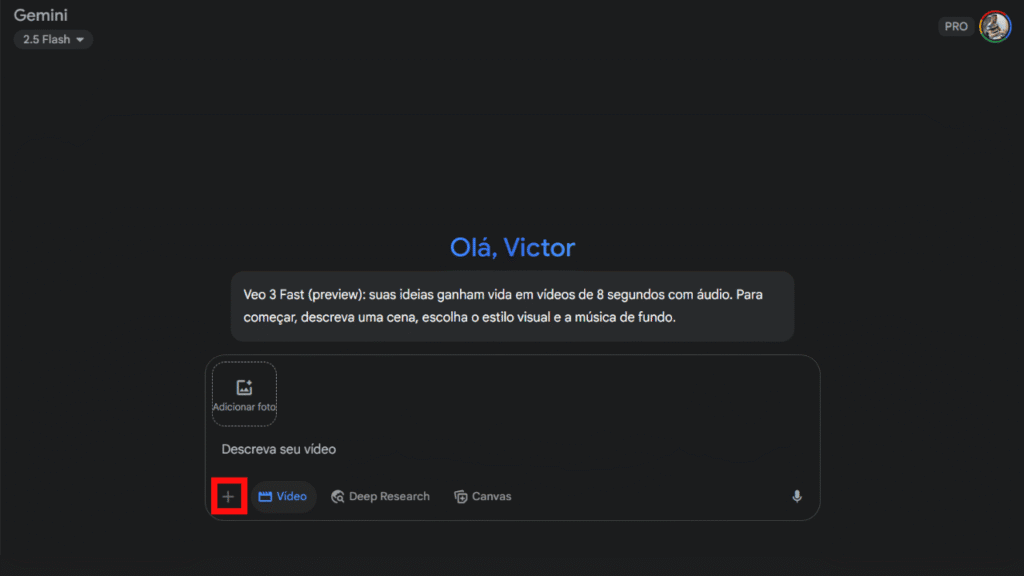 Como transformar foto em vídeo no veo 3 Tela para transformar foto em vídeo no veo 3 do google