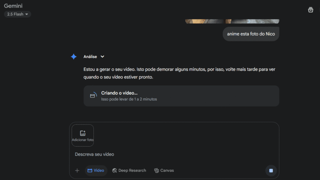 Como transformar foto em vídeo no veo 3 Tela de processamento para animar fotos estáticas no veo 3