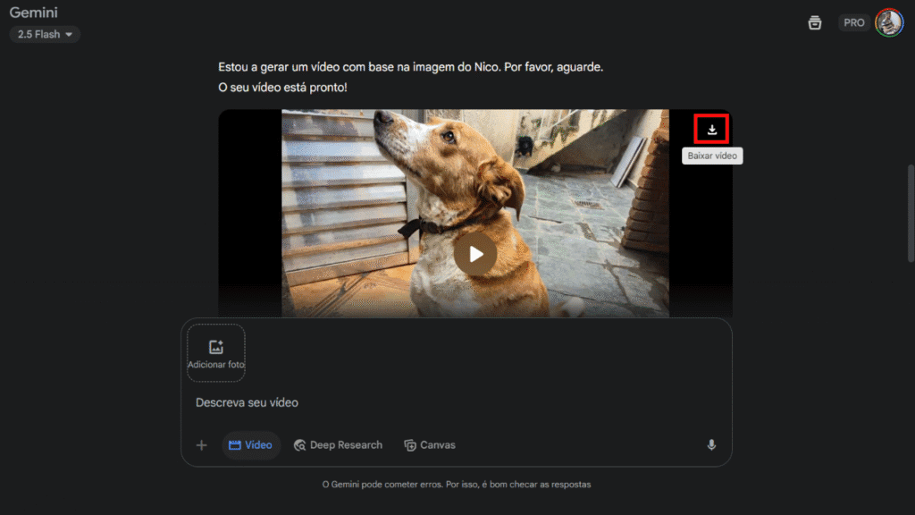 Como transformar foto em vídeo no veo 3 Tela com resultado de criar vídeos no veo 3