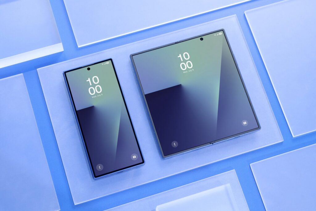 See promotions for Samsung foldable smartphones and smartwatches Galaxy z fold7 blue