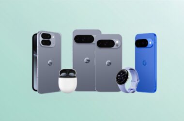 Smartphones google pixel 7 e pixel 7 pro com acessórios e smartwatch em fundo pastel.