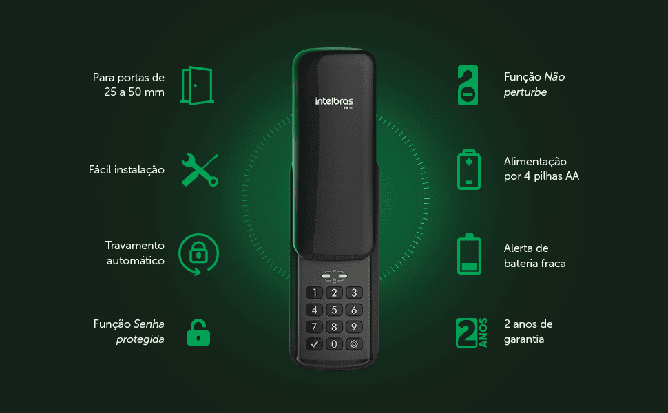 Segurança para portas com trava automática e funcionamento por 4 pilhas aa.
