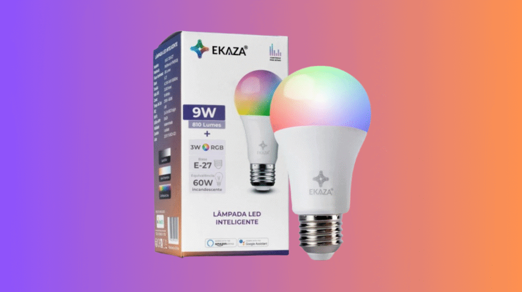 Lâmpada led inteligente ekaza com cores rgb e controle por aplicativo.