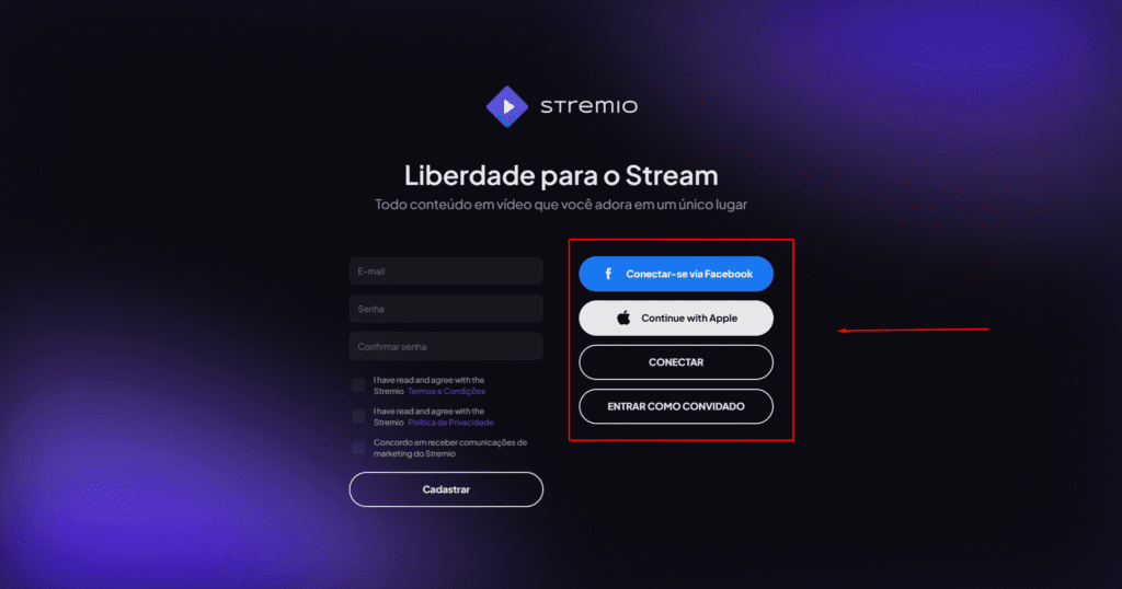 Acessar plataforma de streaming com login via facebook ou apple para conteúdo de vídeo; conexão rápida e segura.