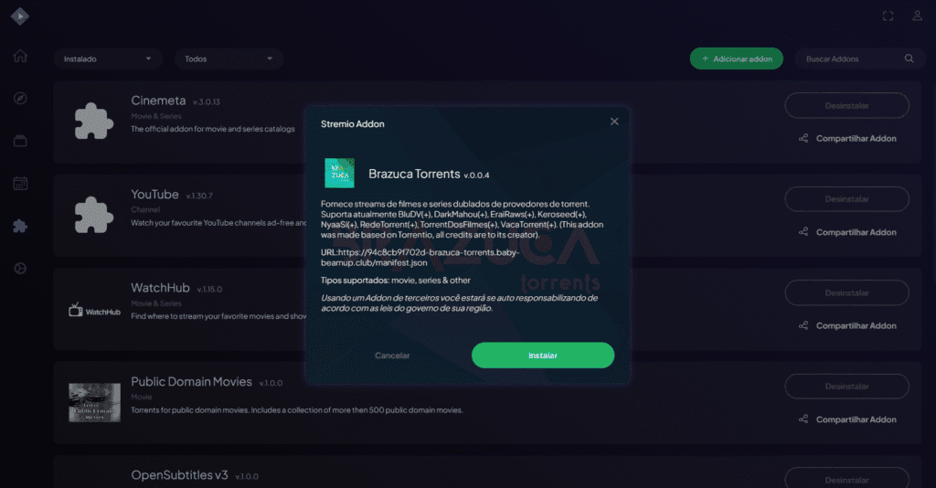 Imagem de interface do aplicativo stremio com opção de instalação de add-on de torrents.