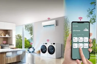 Wi-fi em eletrodomésticos inteligentes, controle de ar-condicionado e geladeira via app.