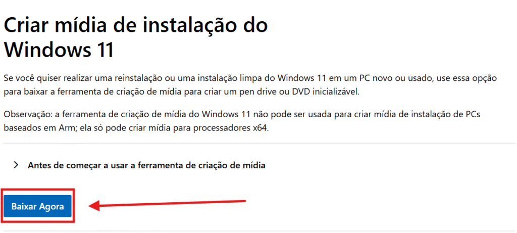 Como instalar o windows 11 com pen drive Tela de download da ferramenta de criação de mídia da microsoft