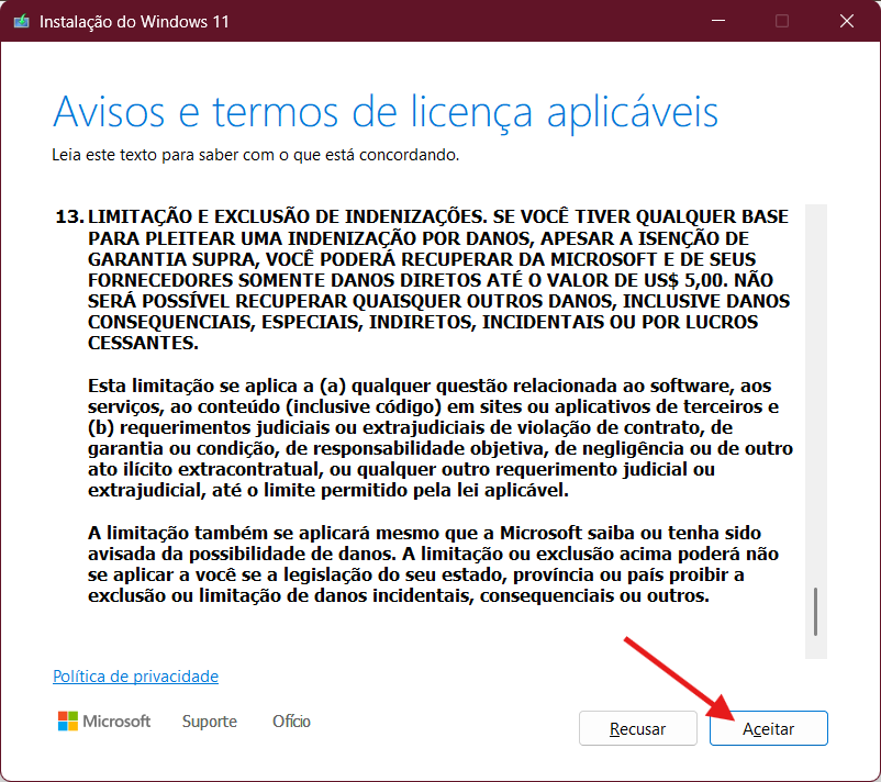Como instalar o windows 11 com pen drive Termos de uso do windows 11
