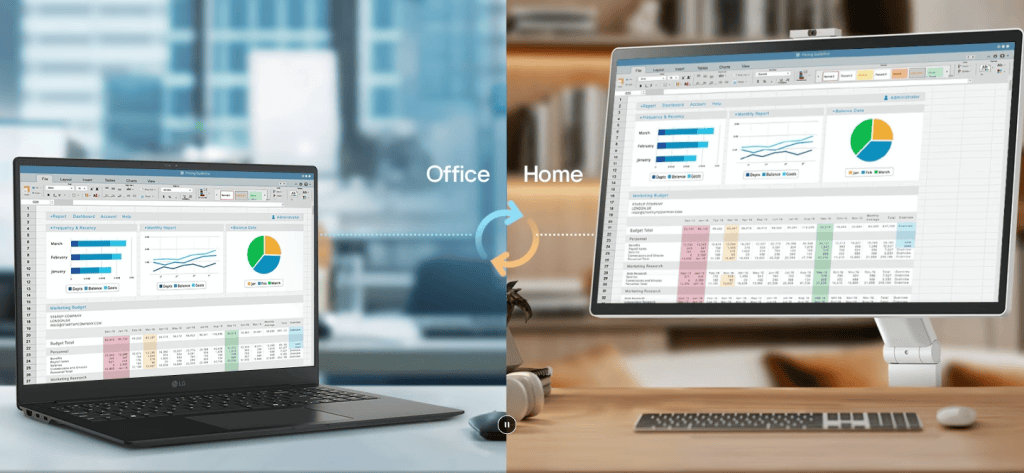Dados de planilhas de trabalho no office, acessíveis de casa ou do escritório, facilitando produtividade remota.