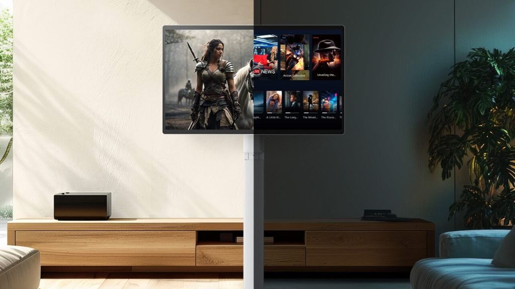 Imagem de uma parede dividida ao meio, com uma televisão antiga à esquerda e uma moderna à direita, mostrando a evolução da tecnologia de telas.