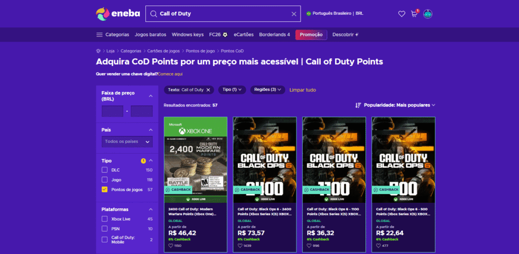 Call of duty: onde e como comprar cod points barato Página de gift cards de call of duty na eneba / imagem: showmetech