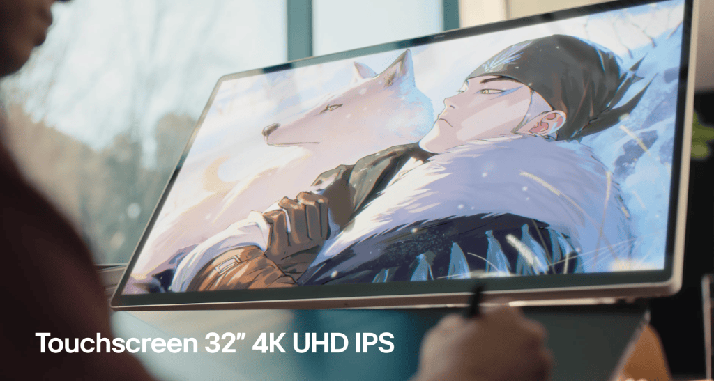 Touchscreen 32" 4k uhd ips com alta fidelidade de cores.