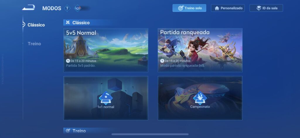 Arena de jogos com modos clássico, ranqueado e torneio, interface de configuração de partidas.