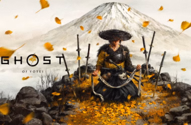 Fantasma samurai com folhas caindo e montanha ao fundo em cenário cinematográfico de ghost of tsushima.