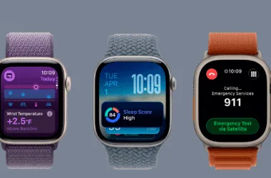 Monitor de smartwatch com recursos de saúde, sono e emergência, destaque na tecnologia wearable.