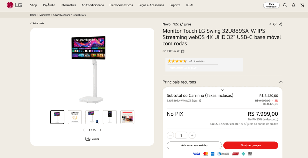 Tela de monitor lg touch swing 32a889sa com suporte móvel e recursos de streaming em 4k.