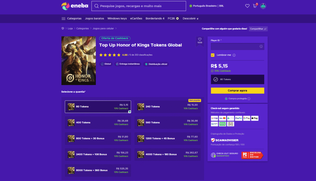 80 tokens de honor of kings tokens para jogo mobile, entrega rápida e segurança garantida.