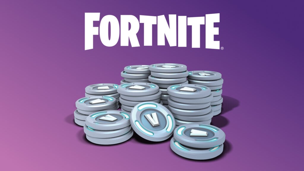 Capa de moedas do fortnite com o logo v-bucks em fundo roxo brilhante.