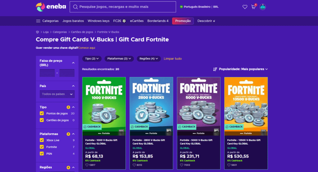 Vouchers de cartão fortnite v-bucks para jogos, compras e presentes online.