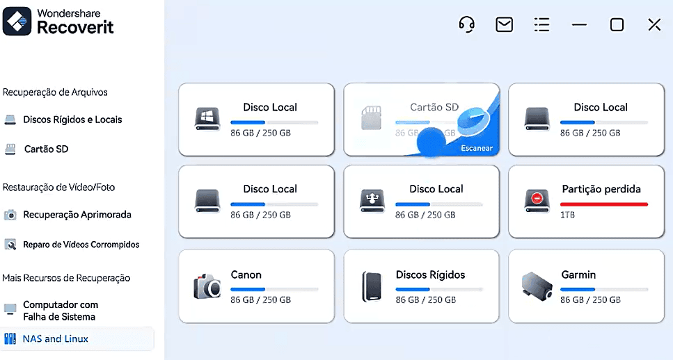 Recuperação de dados de discos rígidos e sd com software wondershare recoverit.